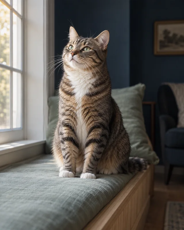 An adult tabby cat sitting comfortably on a sunny window seat.