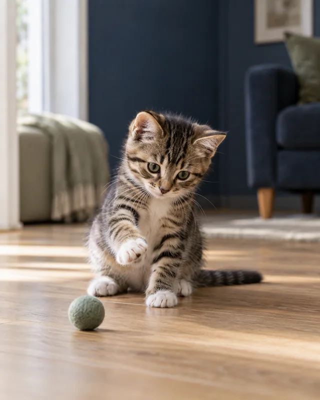 A small tabby kitten discovering a felt ball in a quiet, sunlit home.
